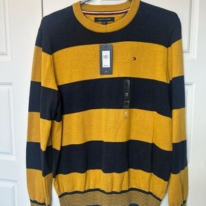 Tommy Hilfiger Mustard and Navy Wide-Stripe Crewneck Sweater